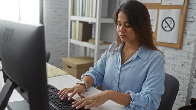 Female employee working in office at computer desk with focused expression wearing blue shirt and displaying no smoking sign in background