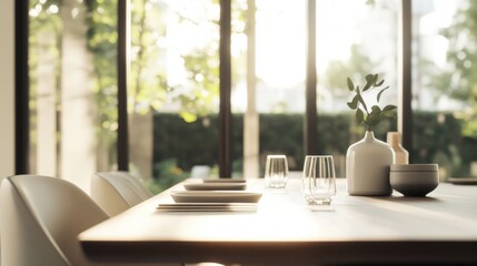 Modern minimalist dining area with stylish, clean design. Featuring neutral colors and minimal decor