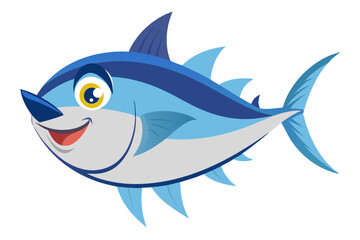 Obraz premium cartoon fish, smiling tuna character, vibrant blue scales, cheerful expression, large yellow eye, white underbelly, sharp fins, friendly aquatic mascot, children's book illustration style, simple back