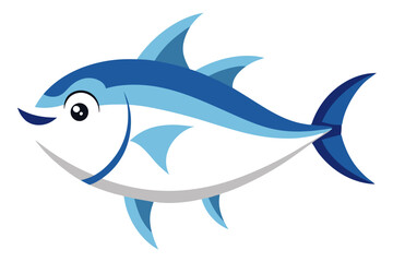 cartoon fish, smiling tuna character, vibrant blue scales, cheerful expression, large yellow eye, white underbelly, sharp fins, friendly aquatic mascot, children's book illustration style, simple back