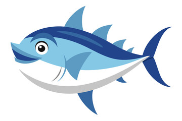 Fototapeta premium cartoon fish, smiling tuna character, vibrant blue scales, cheerful expression, large yellow eye, white underbelly, sharp fins, friendly aquatic mascot, children's book illustration style, simple back