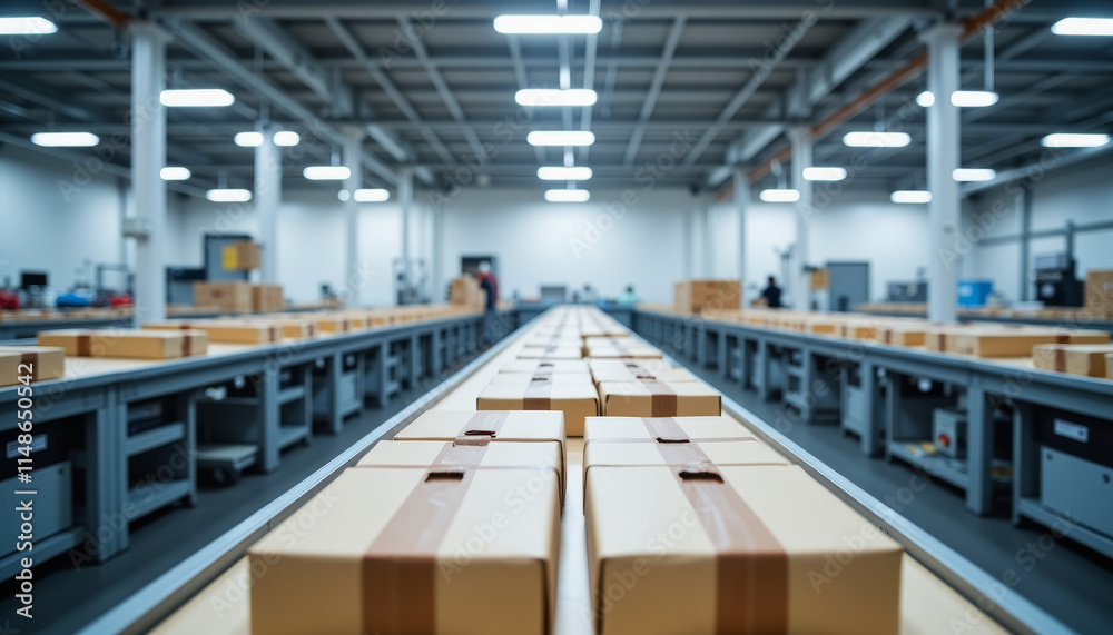 Poster empty factory floor showcasing neatly arranged cardboard boxes awaiting processing in a spacious ind