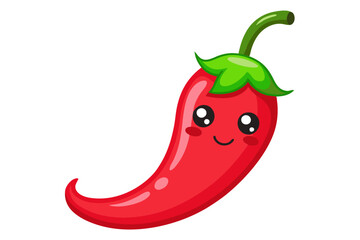 Cute cartoon chili pepper, kawaii style, smiling face, big eyes, red and green colors, anthropomorphic food, happy expression, simple background, vector art, cheerful character, chibi aesthetic, digit