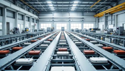 Fototapeta premium Expansive factory floor showcasing automated machinery and conveyor belts in a pristine industrial environment