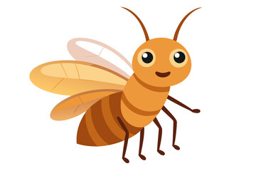 Cartoon bee, friendly smile, large eyes, brown and orange stripes, translucent wings, antenna, cute insect character, children's book illustration style, simple background, vector art, smooth shapes, 