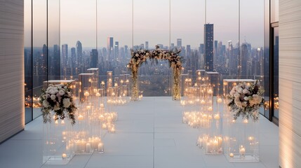 Stunning rooftop wedding venue overlooking city skyline. Elegant decor with candles, flowers. Intimate setting for wedding ceremony. Modern architecture, stylish design of urban venue. Romantic