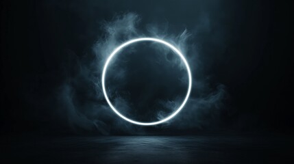 A luminous abstract circle floats in darkness, radiating a soft glow that captivates the viewer