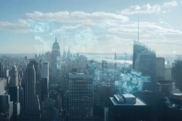 Futuristic Cityscape Overlaid With Digital Data Networks