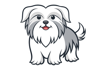 Cute cartoon Shih Tzu dog, big eyes, fluffy white and gray fur, small body, short legs, curled tail, red tongue, black nose, adorable expression, simple background, vector illustration style, 