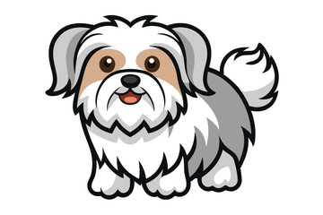 Cute cartoon Shih Tzu dog, big eyes, fluffy white and gray fur, small body, short legs, curled tail, red tongue, black nose, adorable expression, simple background, vector illustration style, 