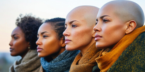 Obraz premium Side view of group of multiracial women wearing scarves standing nearby. The concept of breast cancer awareness. World Cancer Day