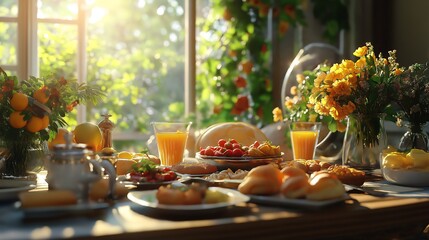 Friends gathered around a brunch table on a sunny Sunday morning, full of food and laughter, Sunday brunch, weekend happiness.
