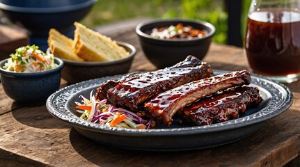 Sizzling rack of tender smoky barbecue pork ribs served with refreshing sides on a rustic wooden table at a summer cookout gathering