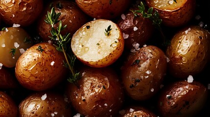 Obraz premium roast potatoes garnished with fresh thyme and flaky sea salt, close-up view highlighting golden crispiness, rich and warm tones of gold and green.