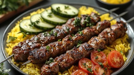 Fototapeta premium A platter of ground minced kebabs, yellow rice, fresh salad with cucumber and tomato slices.