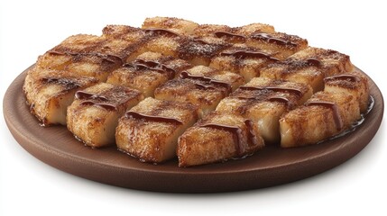Cinnamon dessert pizza with icing drizzle on brown plate.