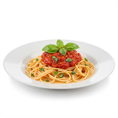 A plate of spaghetti with tomato sauce and basil garnish.