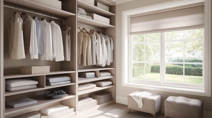 Modern minimalist dressing room with clean, stylish design. Featuring neutral tones and sleek storage solutions