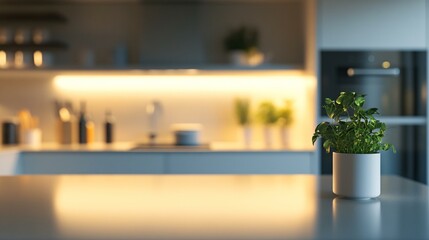Fresh Green Plant in White Pot on Kitchen Counter with Soft Lighting Background