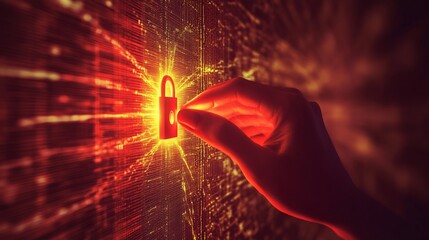 A hand placing a glowing padlock on a digital background, symbolizing security.
