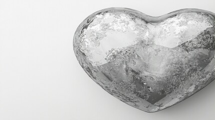 Shiny Metallic Heart Shape on White Surface Displaying Unique Texture and Reflection