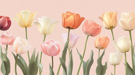 Obraz premium Vibrant Colorful Tulips on Soft Pastel Background for Floral Display and Decoration
