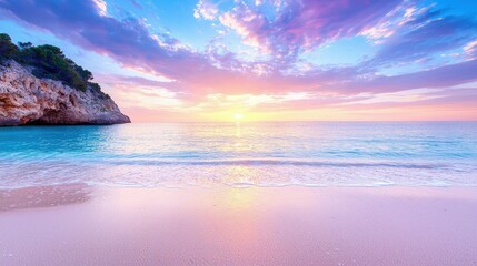 Fototapeta premium Serene sunrise over tranquil beach, clear turquoise water, pink sand, and colorful sky.