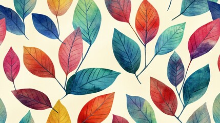 Fototapeta premium Vibrant Watercolor Leaves in Varying Colors Creating a Natural Aesthetic Background