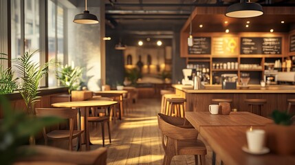 Fototapeta premium Cozy Modern Cafe Interior with Wooden Furniture and Natural Light Atmosphere