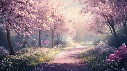 Enchanting Pathway Through Blooming Cherry Blossom Trees in Serene Nature Scene