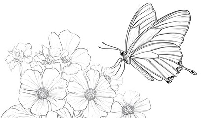 Fototapeta premium Line drawing of a butterfly flying above flowers