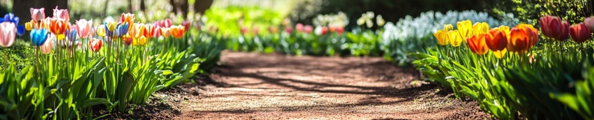 Pathway Through Colorful Tulip Garden Surrounded by Lush Greenery and Blooms
