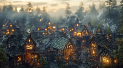 Fototapeta premium Enchanted Medieval Village at Dusk