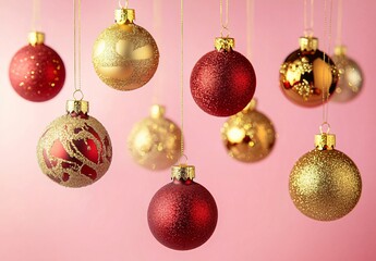 Glittery Red and Gold Christmas Ornaments Hanging Pink Background