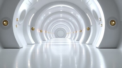 Obraz premium Neon Hallway. Futuristic white corridor with curved walls and glowing