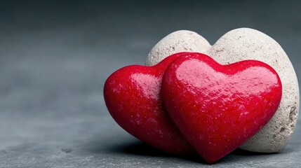 Fototapeta premium Two Red Stone Hearts Resting on Grey Stone Hearts