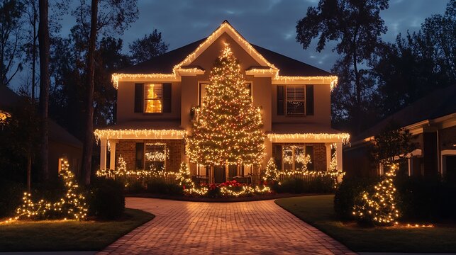 A charming holiday invitation featuring a Christmas tree and lights, with ample space at the center for personalized text or invitations