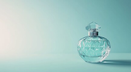 Elegant perfume bottle on teal background.