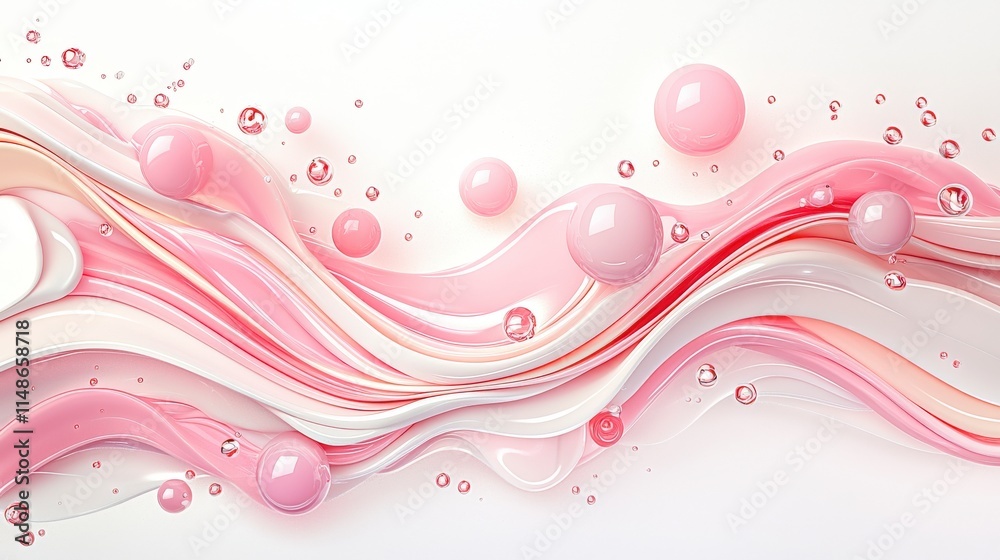Poster an abstract swirl of pink hues, featuring soft curves and floating bubbles that create an elegant an