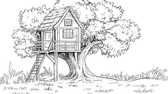 Line drawing of a treehouse with a ladder