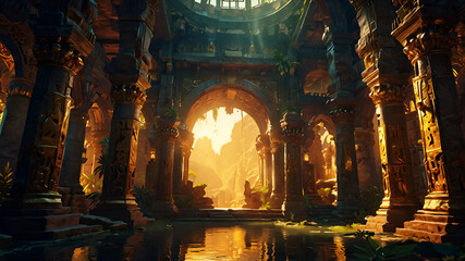Ruins of Opulent ancient Temple of lost Lemuria civilization bathed in golden sun  light. culture concept. Ai generated