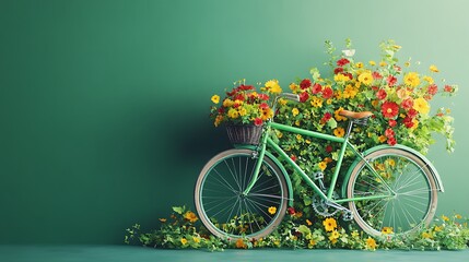 Bicycle surrounded by flowers studio photography green close-up
