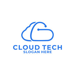 Digital Cloud computing line art icon vector logo design template.
