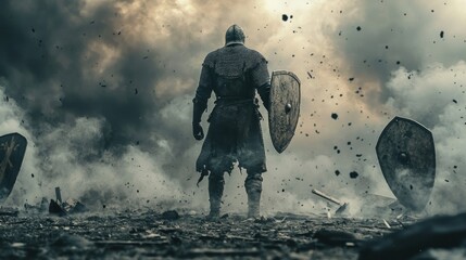 Fototapeta premium Lone Knight After Battle: A Medieval Warrior Stands Defiant Amidst the Ruins of War