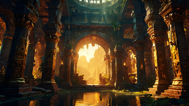Ruins of Opulent ancient Temple of lost Lemuria civilization bathed in golden sun  light. culture concept. Ai generated