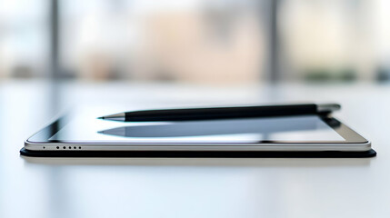 A tablet with a stylus resting on its screen, symbolizing technology and creativity.