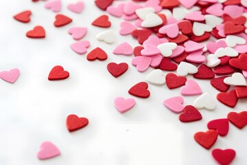 Colorful Valentine's Day background with scattered small candy hearts on a white surface, creating a romantic and festive mood, ideal for greeting cards, invitations, or web banners