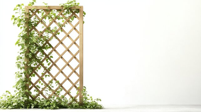 Wooden trellis structure covered with climbing plants. Greenery grows along lattice fence. Natural garden decoration. Rustic, natural look. Simple home garden design. Perfect for spring, summer.