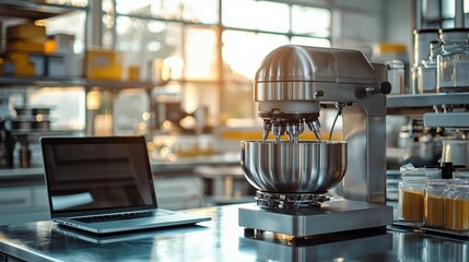 Modern Kitchen Setup with Mixer and Laptop