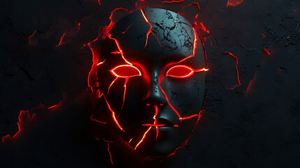 Mysterious cracked mask with glowing red eyes abstract art dark environment close-up emotion conveyed